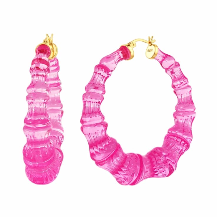14K Yellow Gold Over Sterling Silver Bamboo Acrylic Hoops in Electric Pink