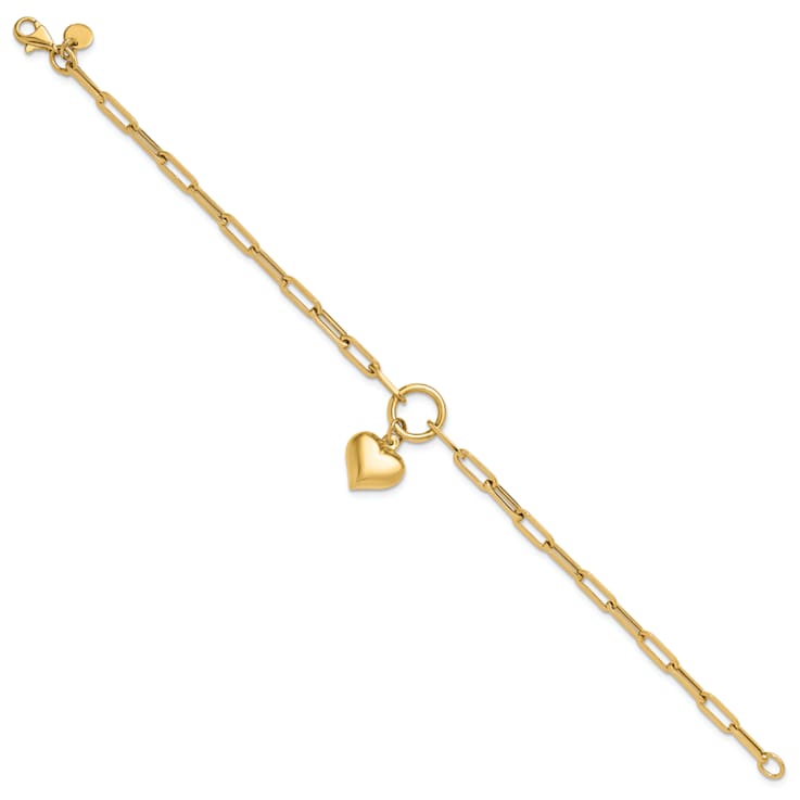 14k Yellow Gold Polished Puffed Heart Paper Clip Link Bracelet