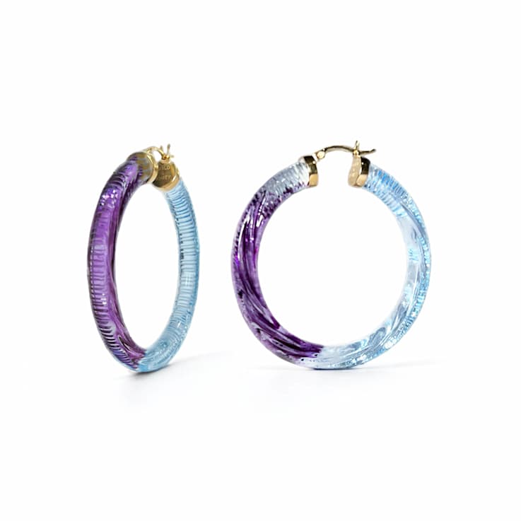 14K Yellow Gold Over Sterling Silver Painted Hoops in Blue and Purple