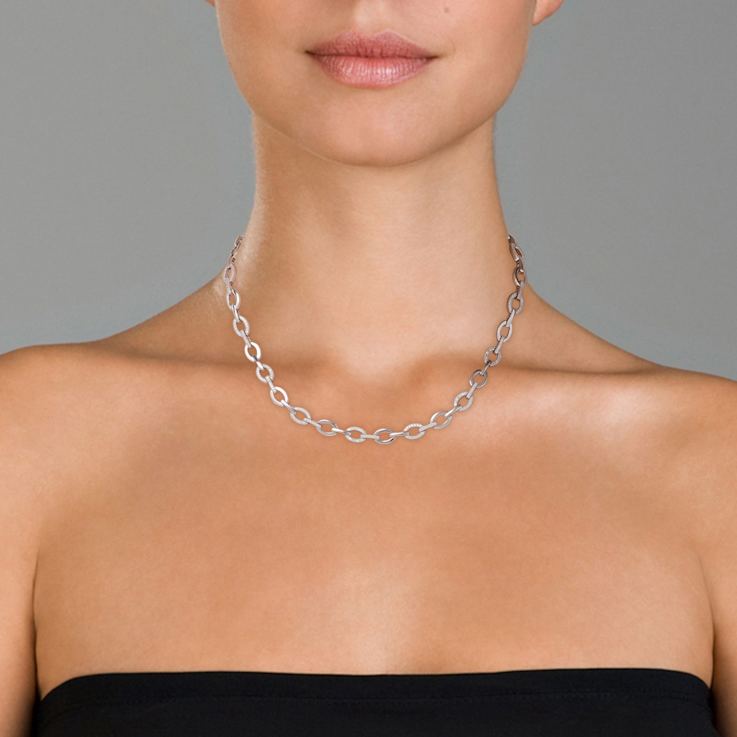 Pave CZ Oval Link Chain Necklace In Sterling Silver 16 Inch