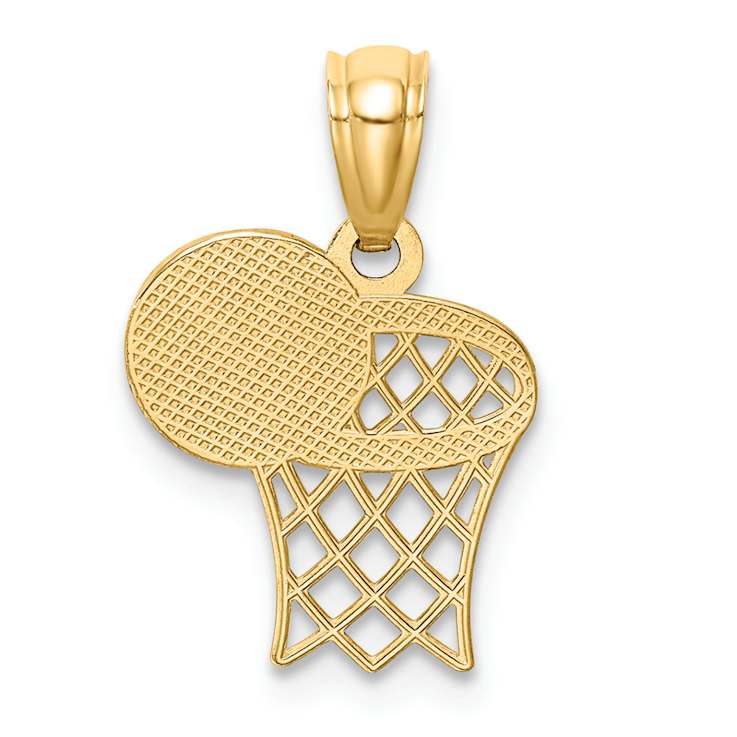 14k Yellow Gold Textured Basketball and Hoop Pendant
