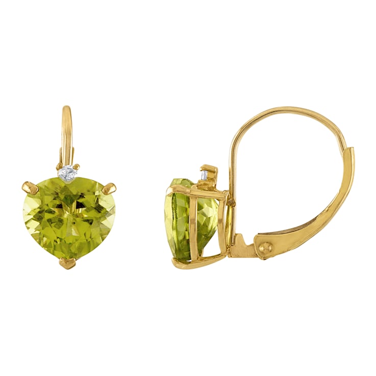 10K Yellow Gold Peridot and Diamond Heart Leverback Earrings 2.23ctw