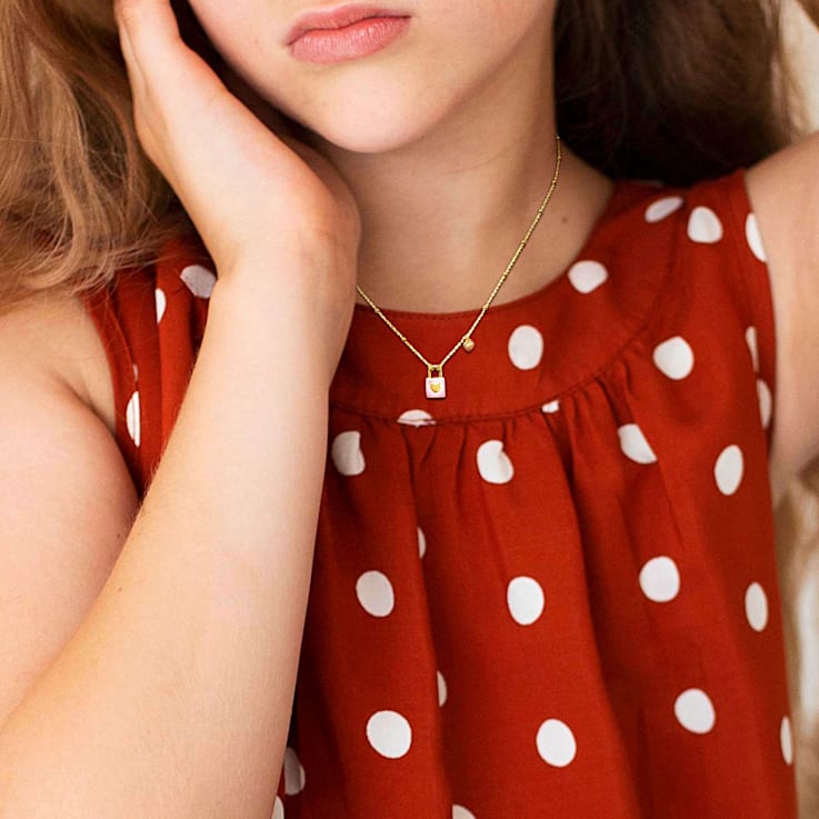 Children's Pink Enamel Lock and Heart Charm Necklace in 14K Yellow Gold
Over Sterling Silver