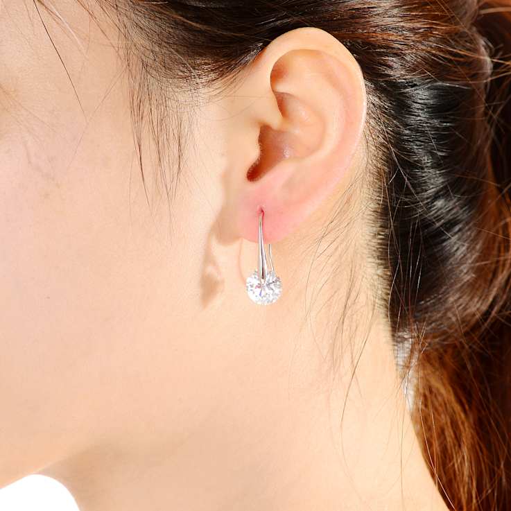 CZ Solitaire Drop Earrings In Rhodium Over Brass