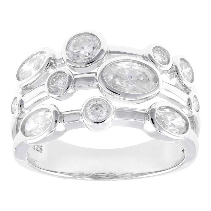 Oval And Round Moissanite Multi-Row Ring In Platinum-Enhanced Sterling Silver