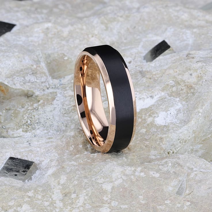 STEPHEN Rose Gold Plated Black Titanium Flat Brushed Wedding Ring With
Beveled Polished Edges 8mm
