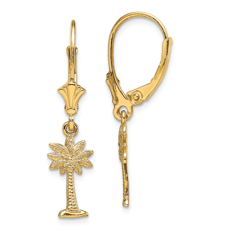 14k Yellow Gold Textured Mini Palmetto Palm Tree Dangle Earrings