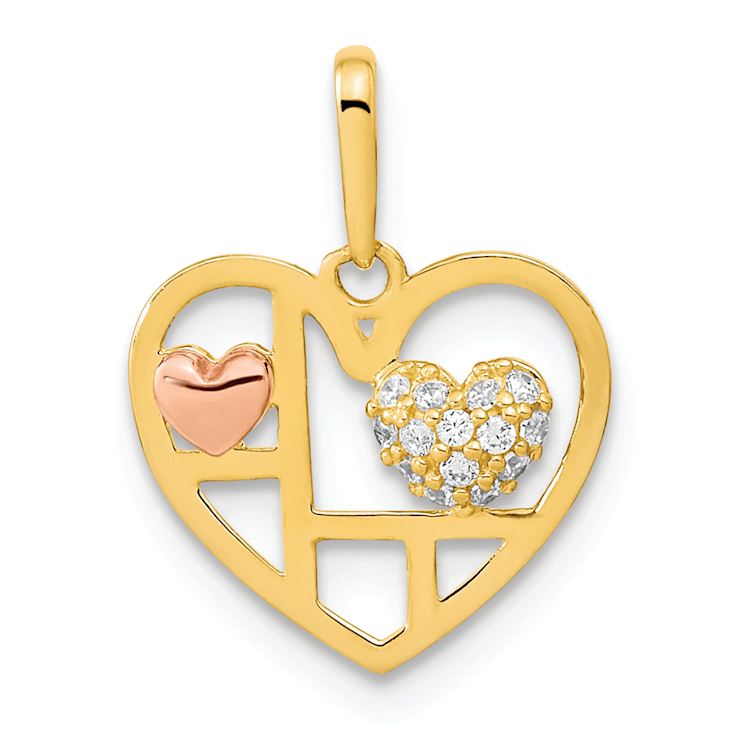 14K Two-tone Gold  Heart with Cubic Zirconia Pendant