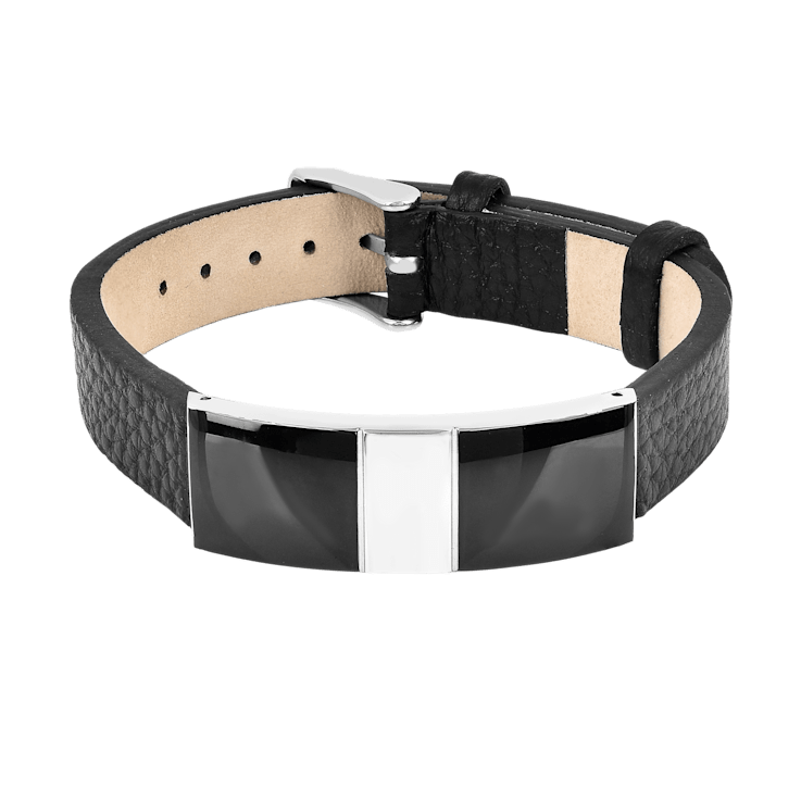 Mens Black Leather, Stainless Steel and Enamel Bracelet