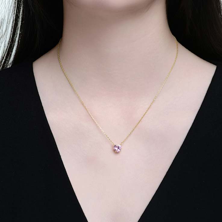 Pink CZ Heart Solitaire Pendant In 14K Gold Over Brass