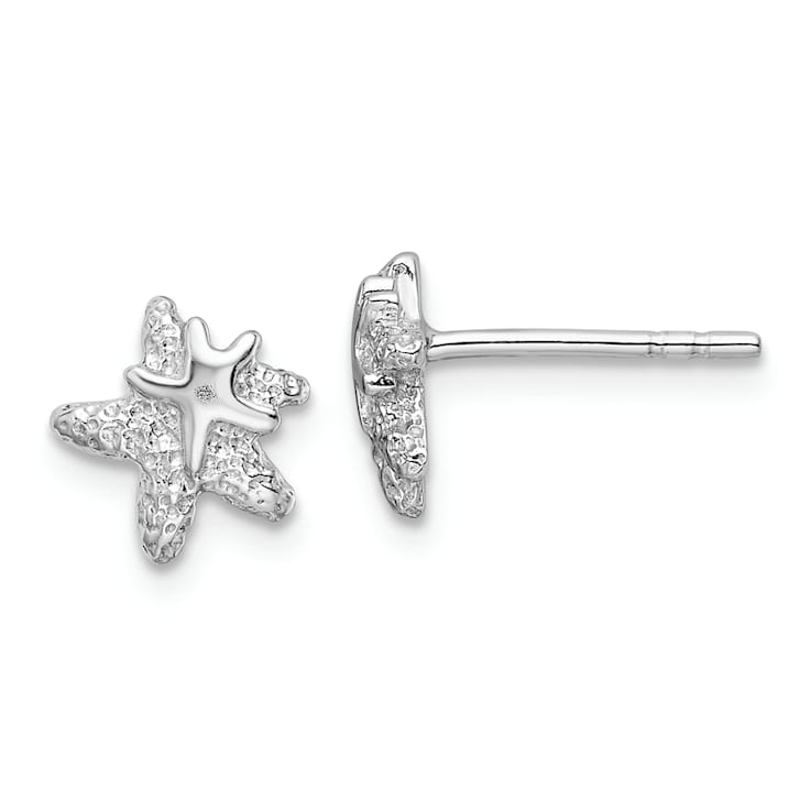 Rhodium Over Sterling Silver Polished and Textured Starfish Earrings