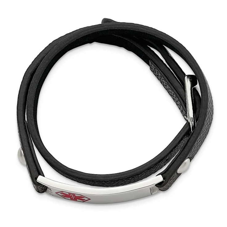 Black Leather and Stainless Steel Polished Enamel Wrap Medical
Adjustable Bracelet