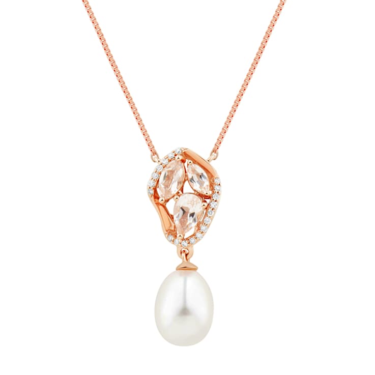 8-8.5mm Round White Freshwater Pearl and Morganite 14K Rose Gold Necklace