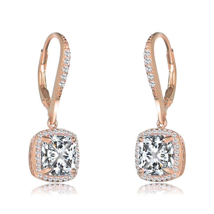 Square CZ Halo Drop Earrings In 18K Rose Gold Over Sterling Silver