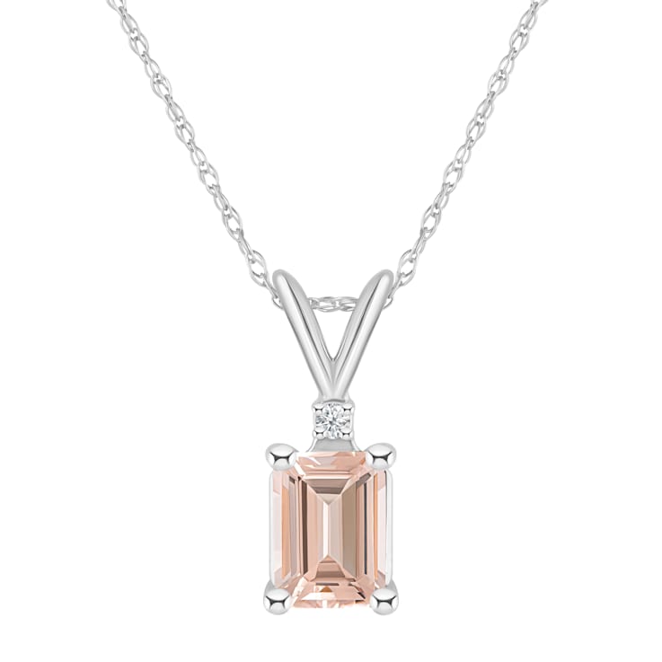 7x5mm Emerald Cut Morganite with Diamond Accent 14k White Gold Pendant
With Chain