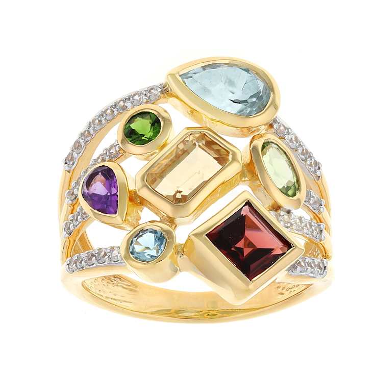 Multi-Gemstone Rainbow Ring In 18K Gold Over Sterling Silver 2.94ctw