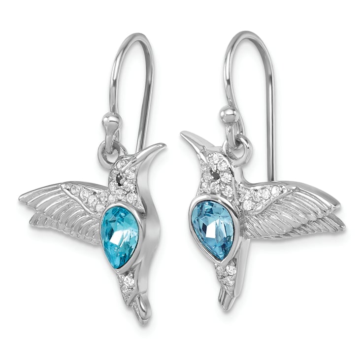 Rhodium Over Sterling Silver Crystal Inlay Hummingbird Dangle Earrings
