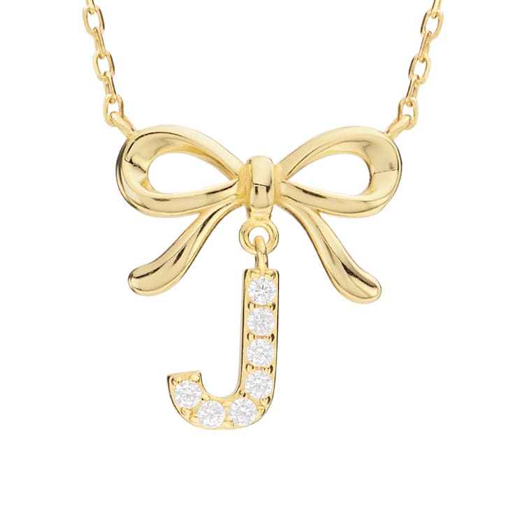 Initial J Bow CZ Necklace In 14K Gold Over Sterling Silver 0.23ctw