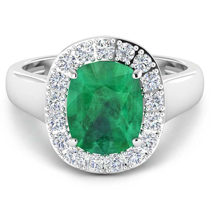 3.01ctw Green Emerald and Diamond 14K White Gold Halo Ring