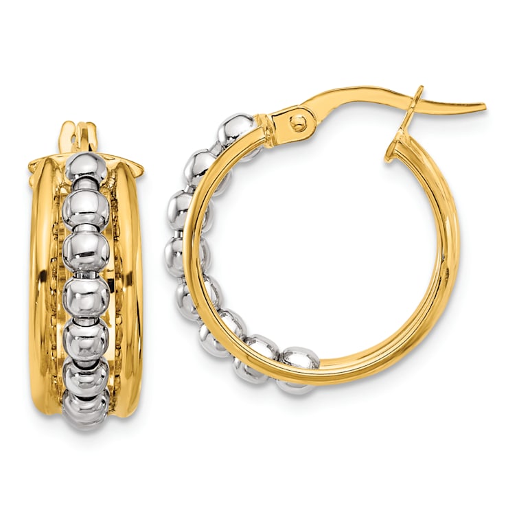 14k Yellow Gold and 14k White Gold Polished and Beaded 3/4" Hoop Earrings