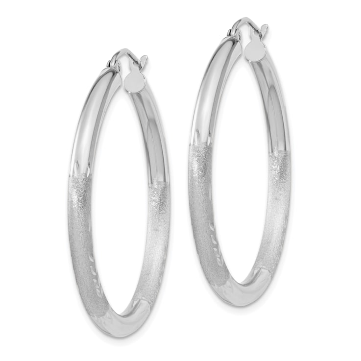 10k White Gold 30mm x 3mm Satin Diamond Cut Round Hoop Earrings
