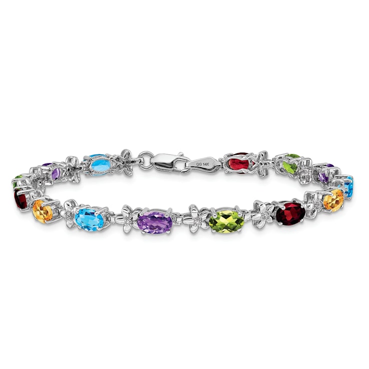 Rhodium Over 14k White Gold Rainbow Floral Gemstone and Diamond Bracelet