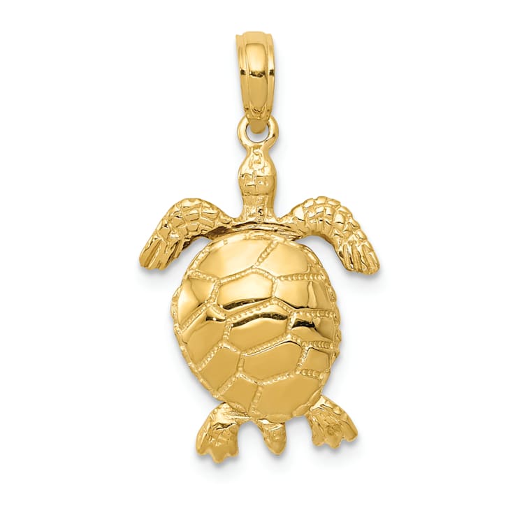 14k Yellow Gold Solid 3D Polished and Textured Moveable Turtle Pendant