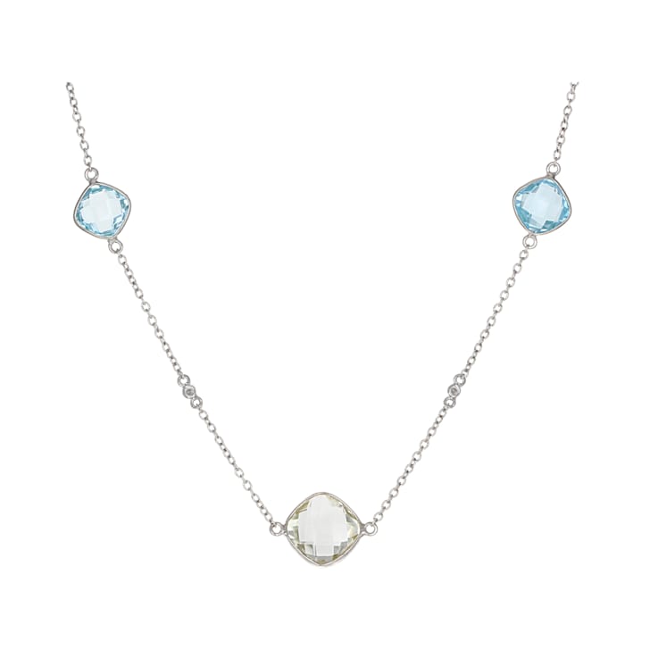 9mm Blue Topaz and 12mm Cushion cut  Prasiolite Sterling Silver Necklace 10ctw
