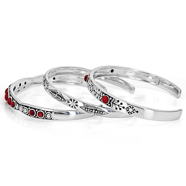 Red Coral Sterling Silver Cuff Bracelet Set Of 3
