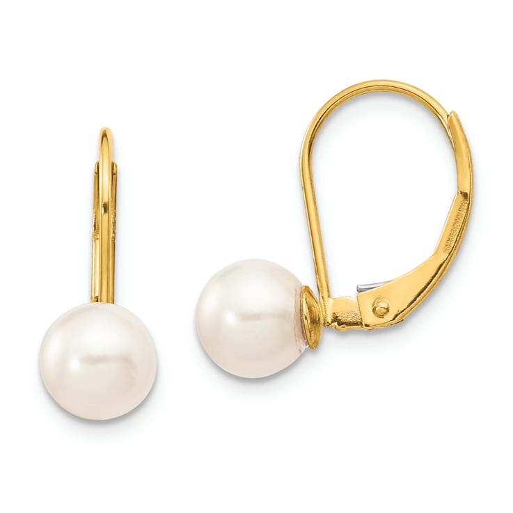14K Yellow Gold 6-7mm White Round Saltwater Akoya Cultured Pearl
Leverback Earrings