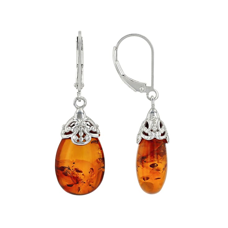 Amber Sterling Silver Dangle Earrings 17x11mm