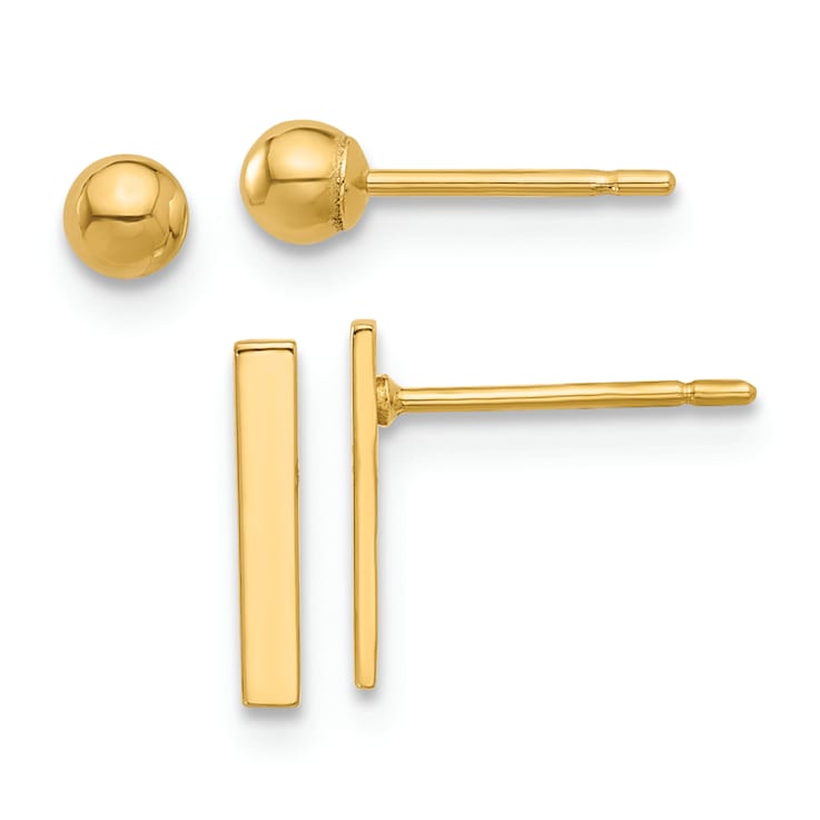 14K Yellow Gold Polished 3mm Ball and Bar Stud Earring Set
