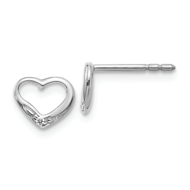 Rhodium Over 14k White Gold Diamond Heart Stud Earrings