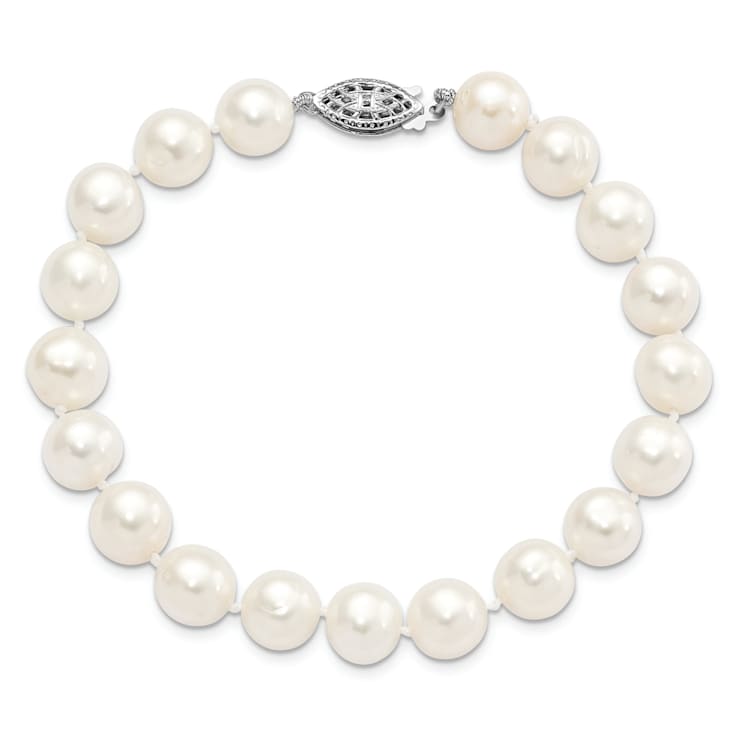 Rhodium Over Sterling Silver 9-10mm White Freshwater Cultured Pearl Bracelet