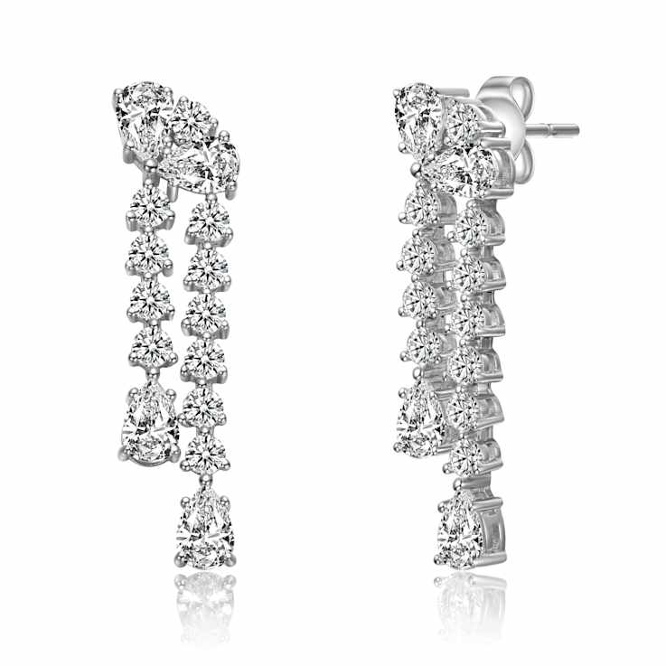 CZ Tiered Drop Earrings In Rhodium Over Brass