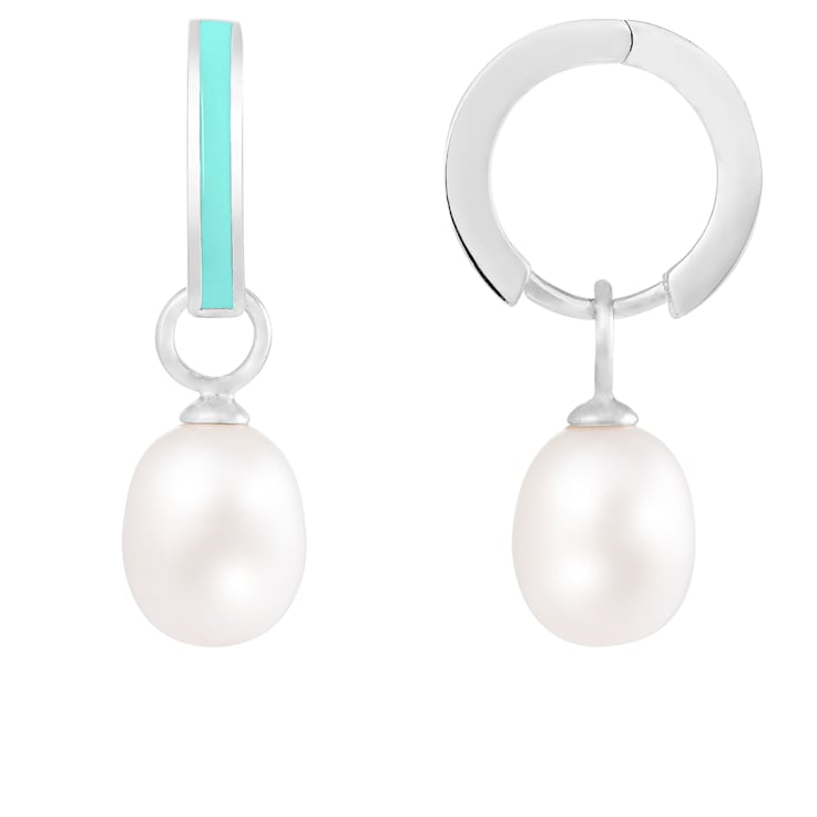 7.5-8mm White Cultured Freshwater Pearl and enamel green Rhodium Over
Sterling Silver Earrings