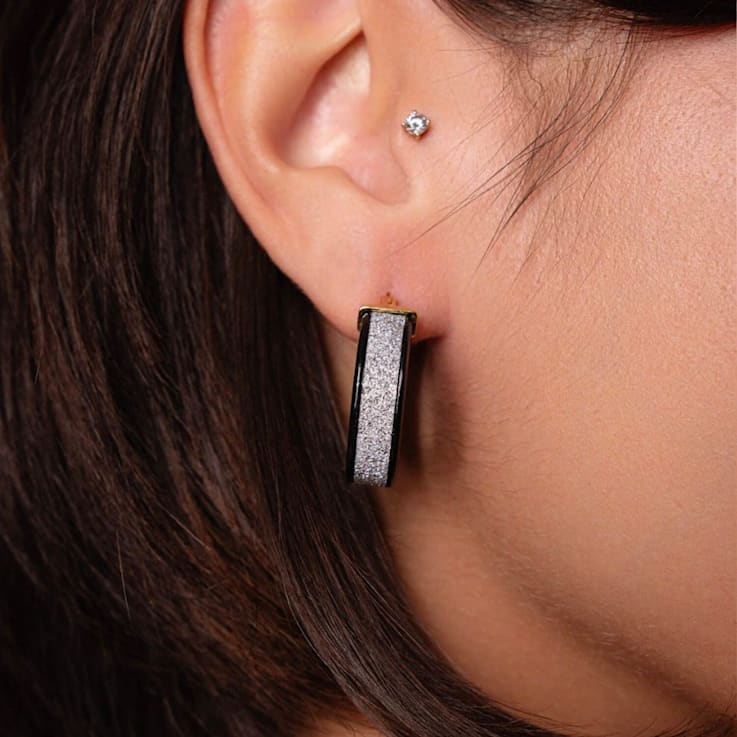 14K Yellow Gold Over Sterling Silver Wide Silver Color Glitter Black
Acrylic Hoops