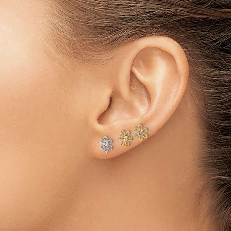 14k Two-tone Gold Multi-Color Cubic Zirconia 7mm Three Flower Stud
Earrings Set