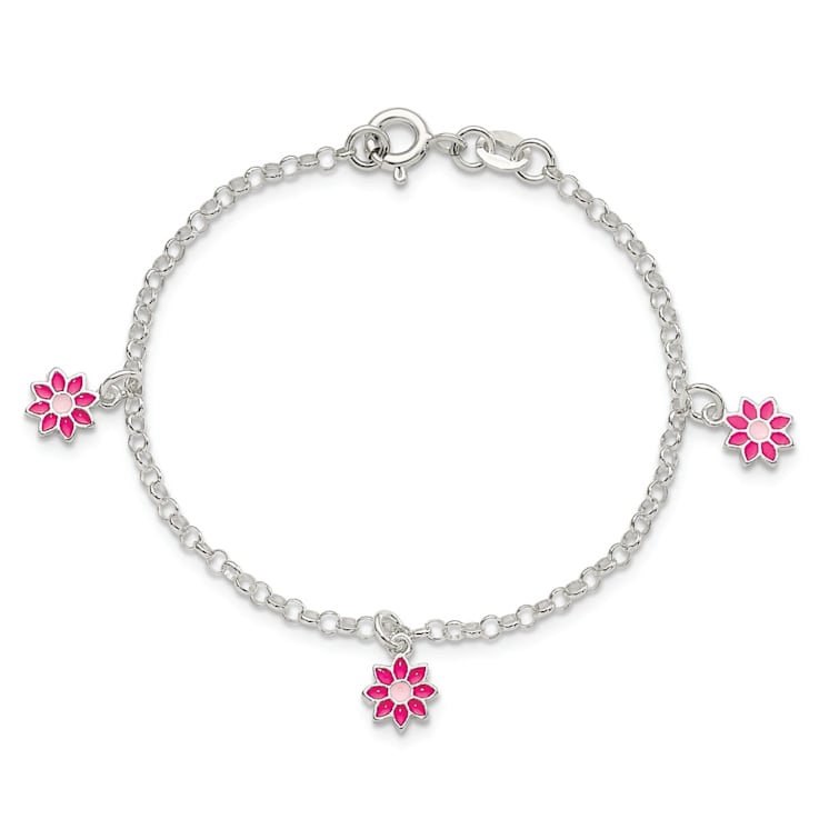 Sterling Silver Pink Enamel Flowers Children's Bracelet