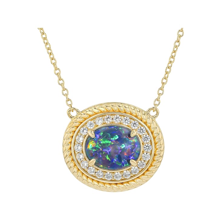Opal Triplet And Zircon Halo Necklace In 18K Gold Over Sterling Silver 0.41ctw