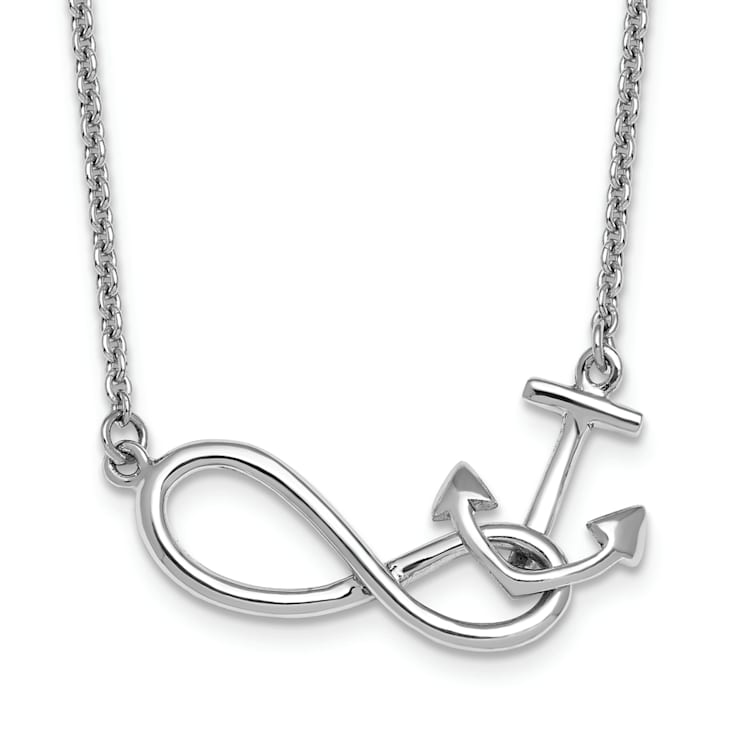 Rhodium Over Sterling Silver Anchor and Eternity Symbol 17 + 1 Inch Necklace