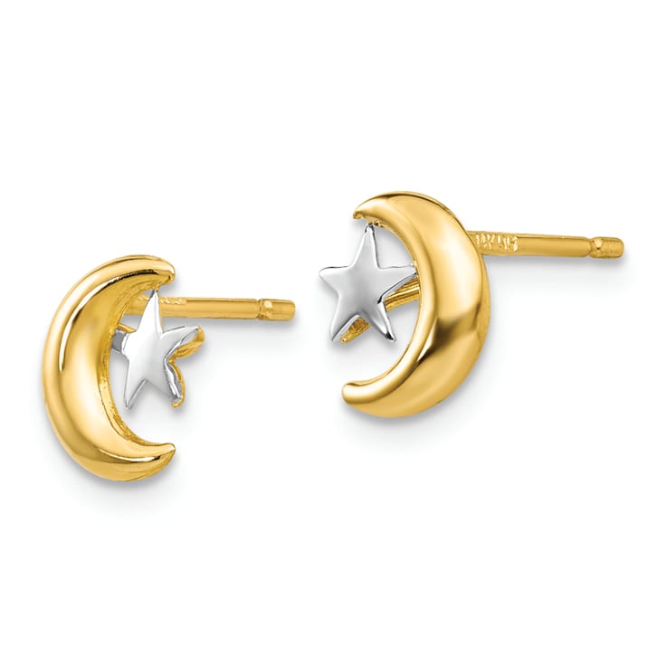 14k Yellow Gold and Rhodium Over 14k Yellow Gold Polished Moon and Star
Stud Earrings