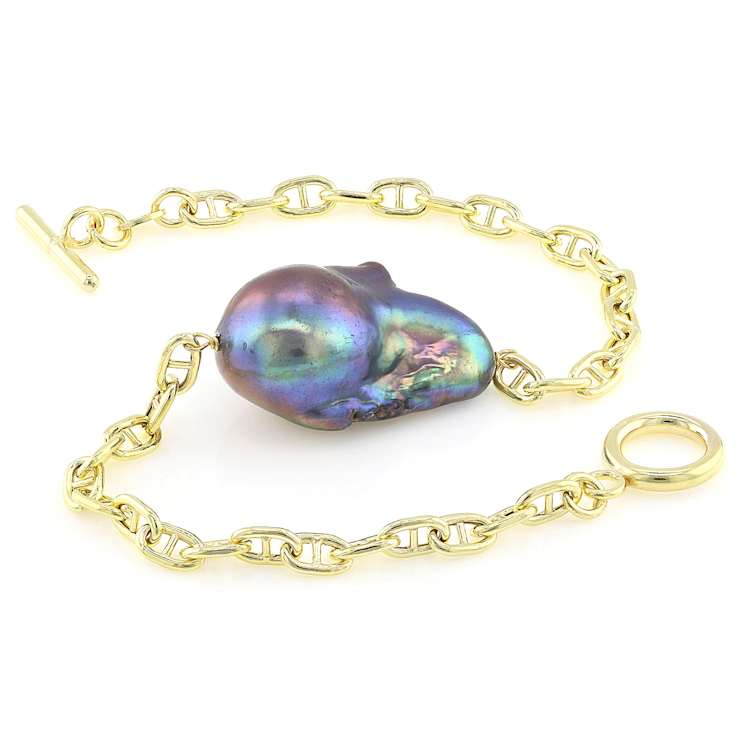 Black Freshwater Pearl Station Bracelet In 18K Gold Over Sterling Silver