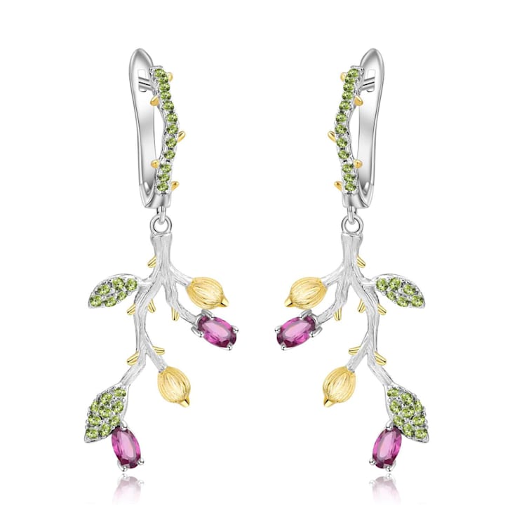 Rhodolite and Green Nanocrystal Rhodium Over Sterling Silver Leaf Earrings