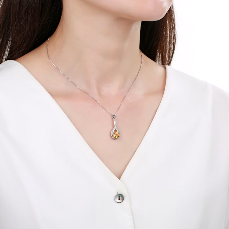 Round Citrine and White Sapphire Sterling Silver Pendant With Chain