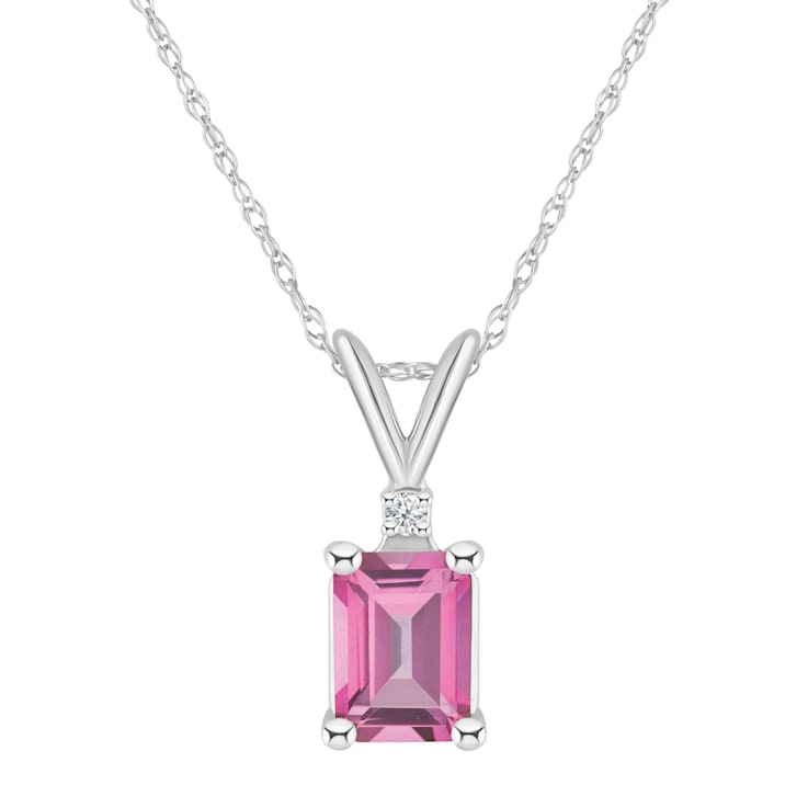 7x5mm Emerald Cut Pink Topaz with Diamond Accent 14k White Gold Pendant
With Chain
