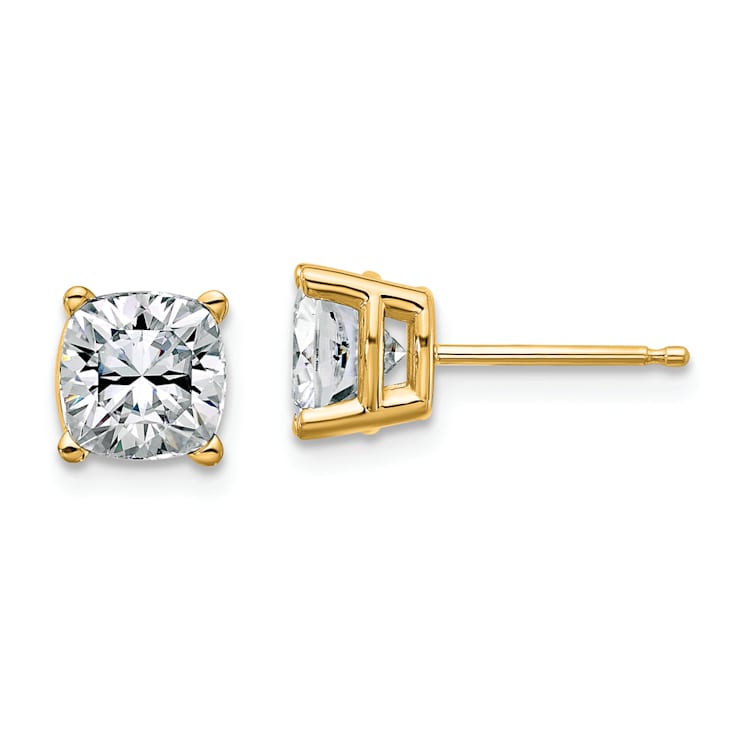 14K Yellow Gold 2.25ct. 6.0mm Cushion D E F Pure Light Moissanite Earrings