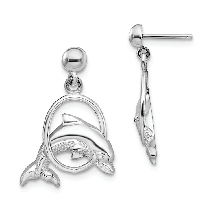 Rhodium Over Sterling Silver Dolphin in Hoop Dangle Post Earrings