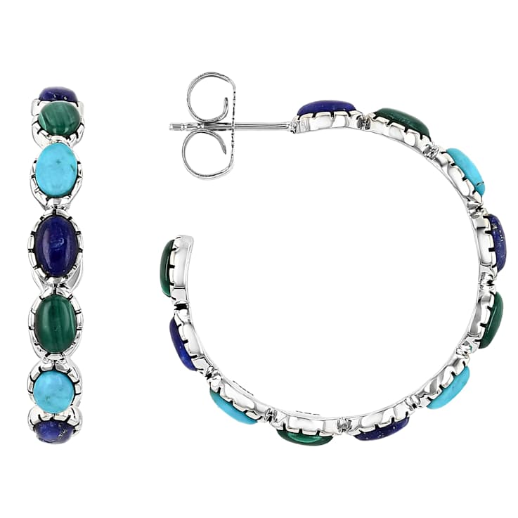 Blue Turquoise, Lapis Lazuli And Malachite Hoop Earrings In Silver 5x3.5mm