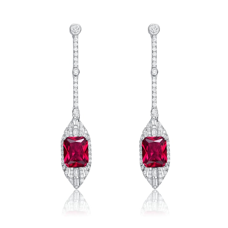 Ruby Color CZ Square Drop Earrings In Sterling Silver